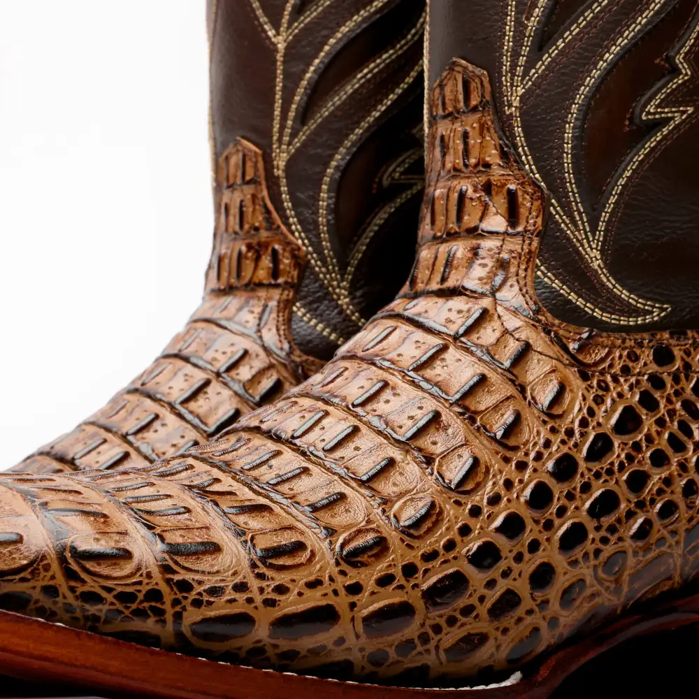 Honey Caiman Hornback Leather Boots - Square Toe