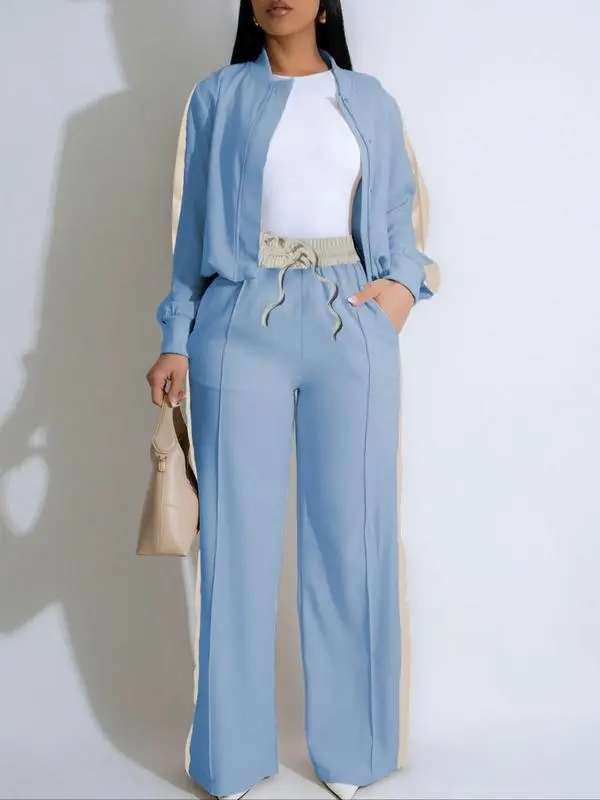 Two-piece Set Women's Patchwork Top & Wide Leg Pants Set, Casual Long Sleeve Outerwear & Pants for Daily Wear, Ladies Summer Clothes