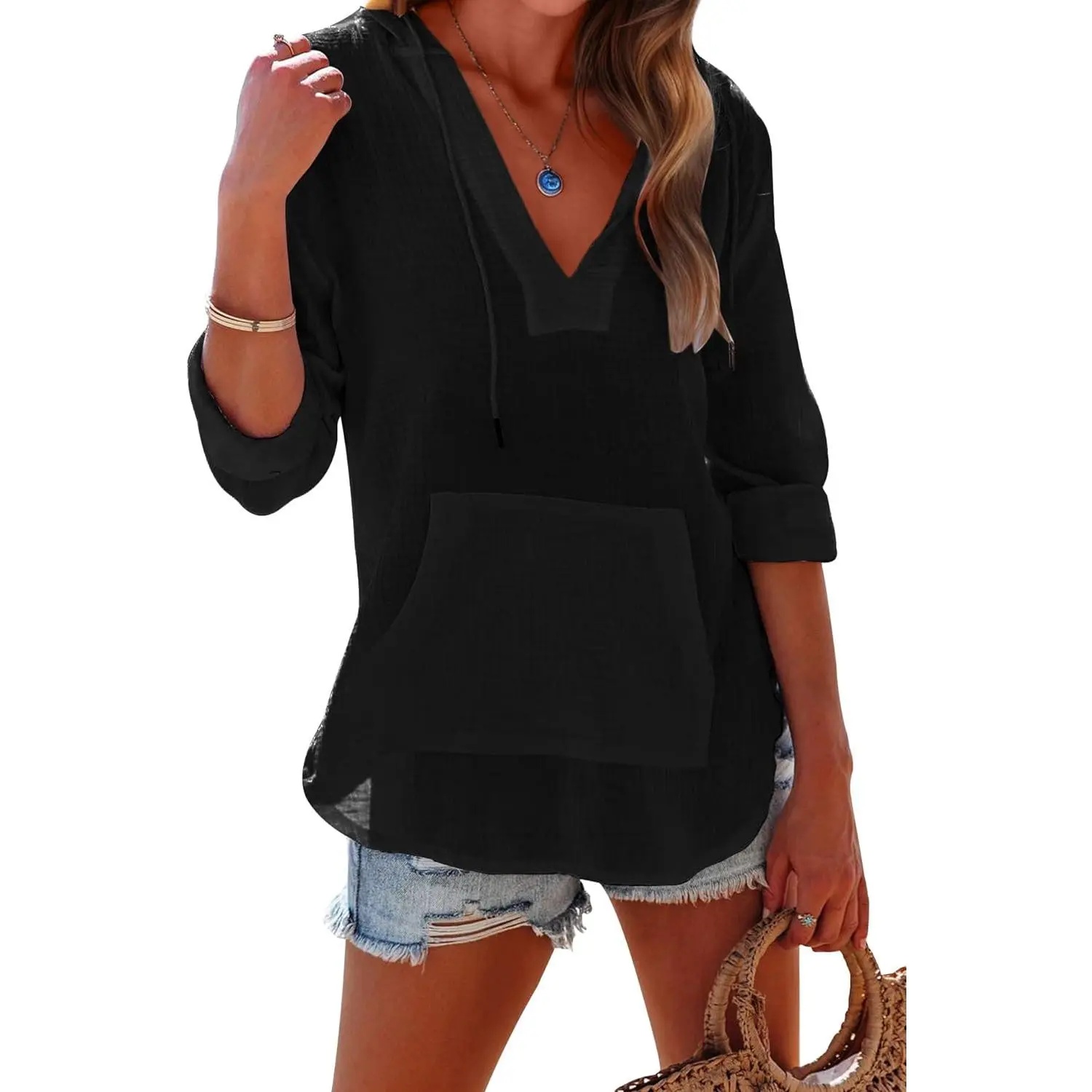 Women's Beach Cover Up hoodies sweatshirt Long Sleeve V Neck Pocketed Hooded Shirt Top