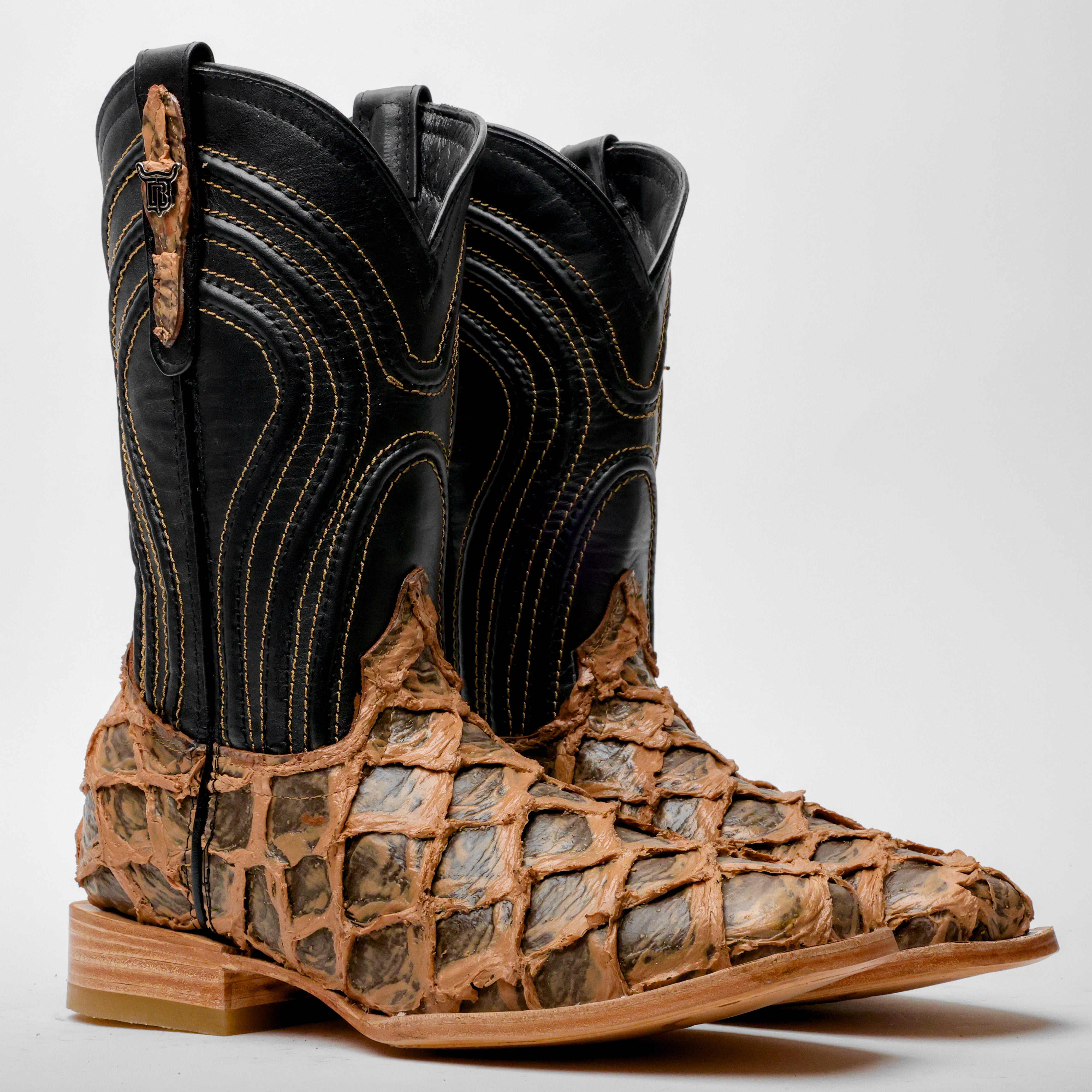 Light Brown Rustic Jumbo Pirarucu Leather Boots - Square Toe