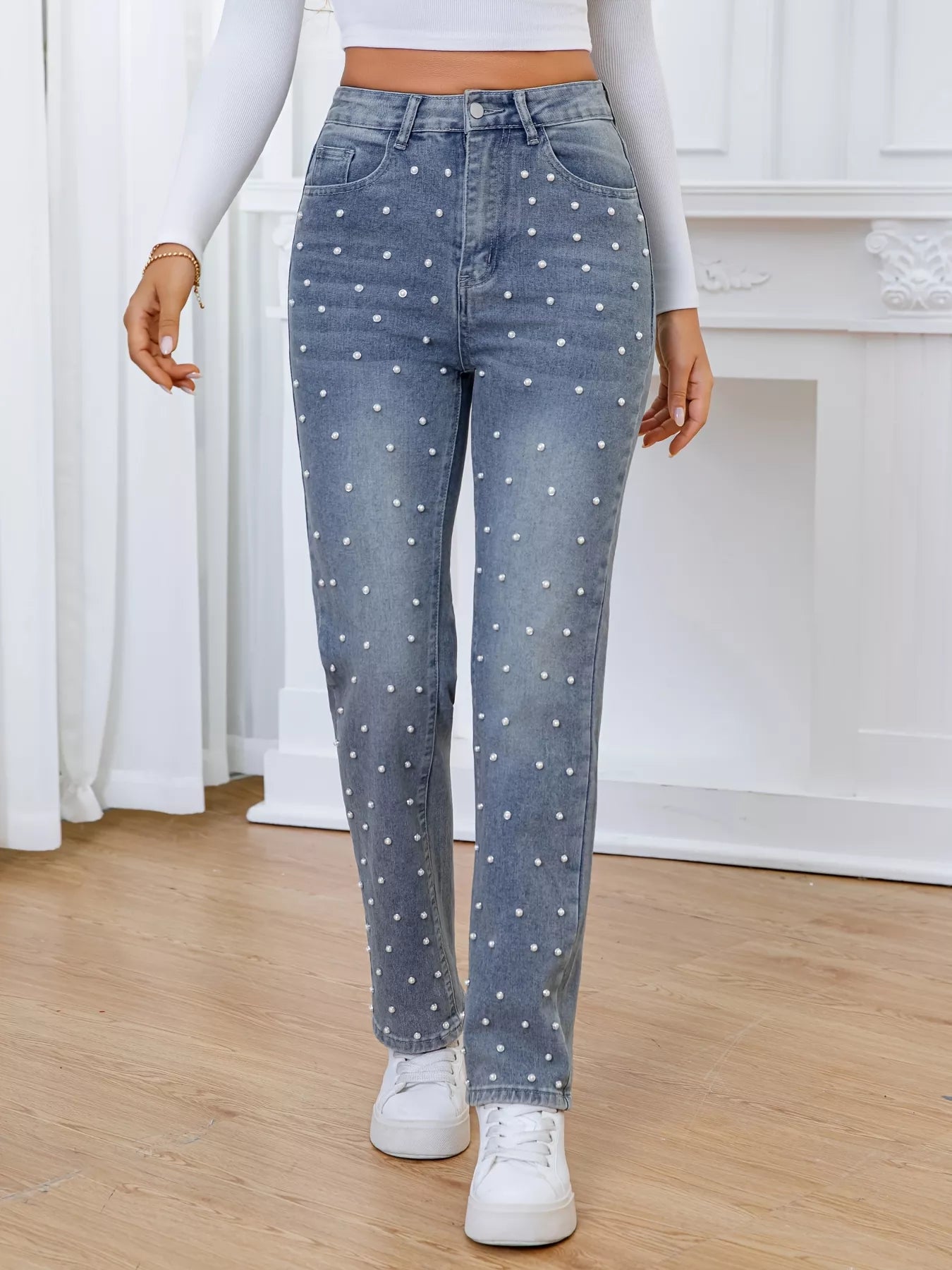 Pearl Embellished High Waist Straight Jeans