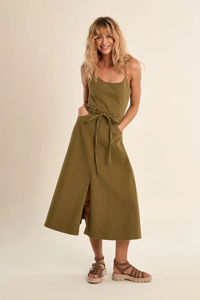 Tie Back Denim Dress in Khaki