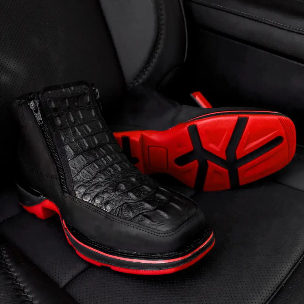 Black Caiman Neck Leather Botin With 3D Lightweight Soles - Square Toe