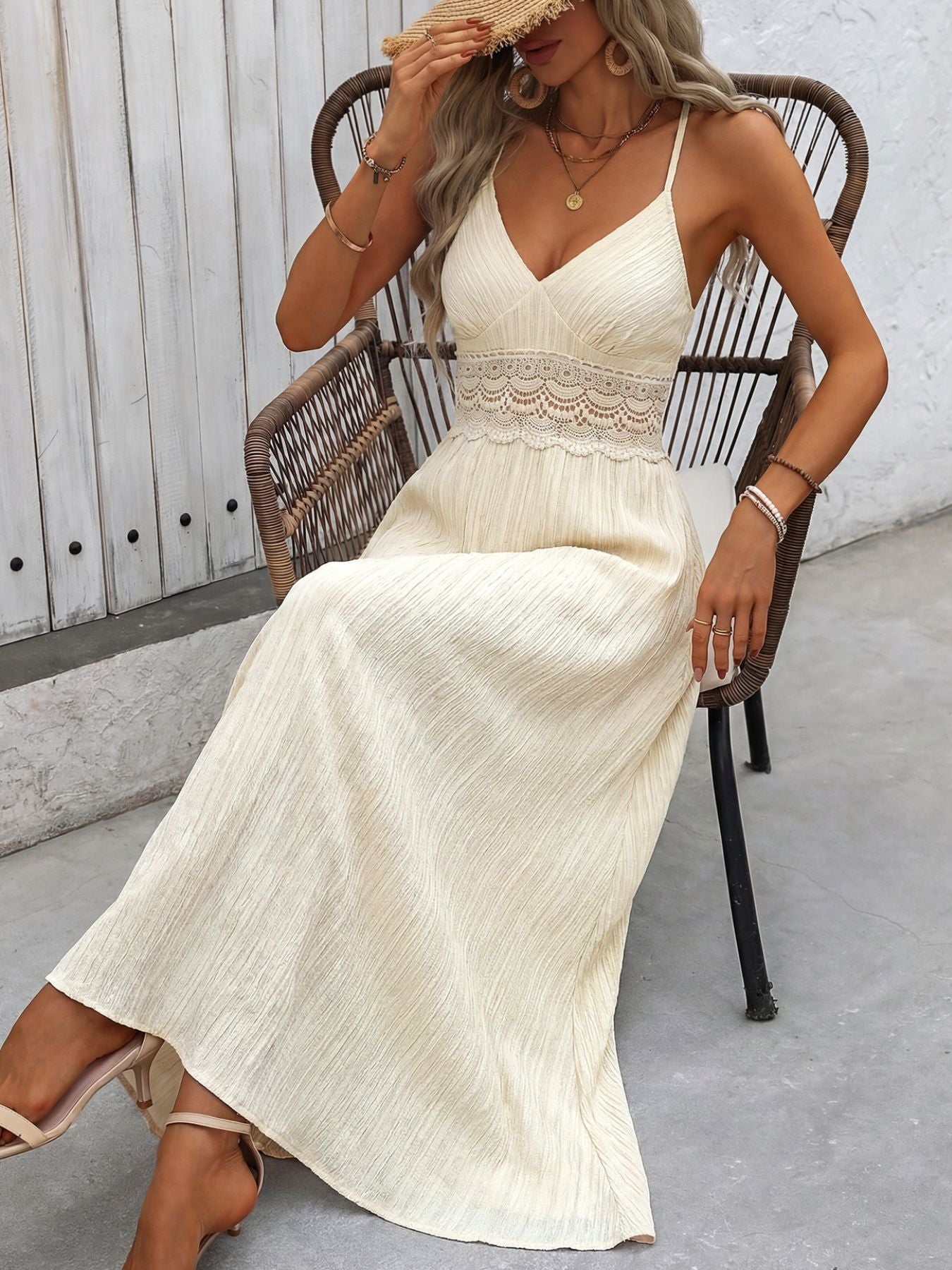 Lace Trim V-Neck Maxi Dress