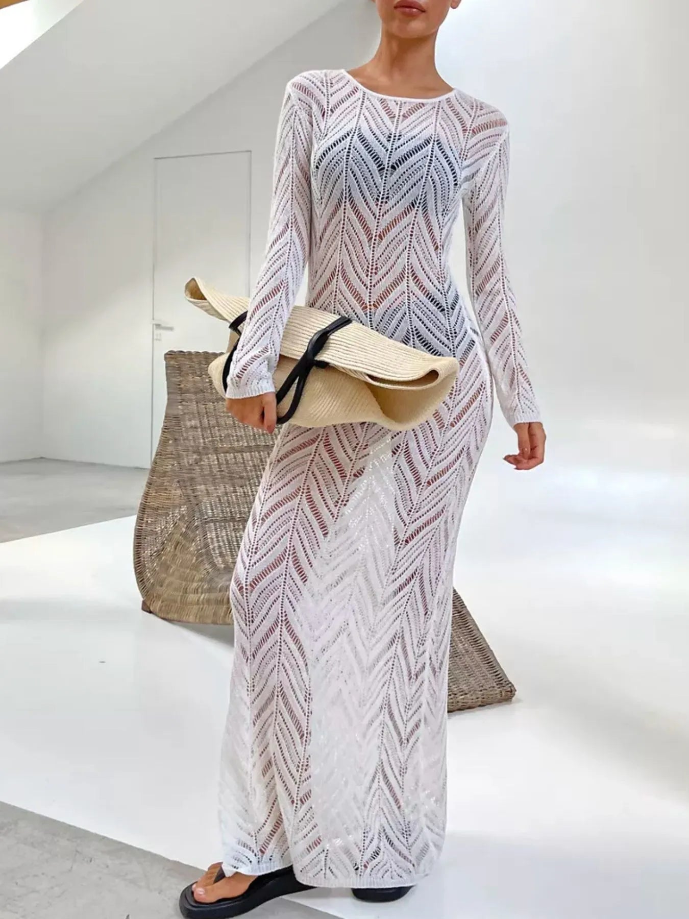 Openwork Long Sleeve Knit Cover Up Dress