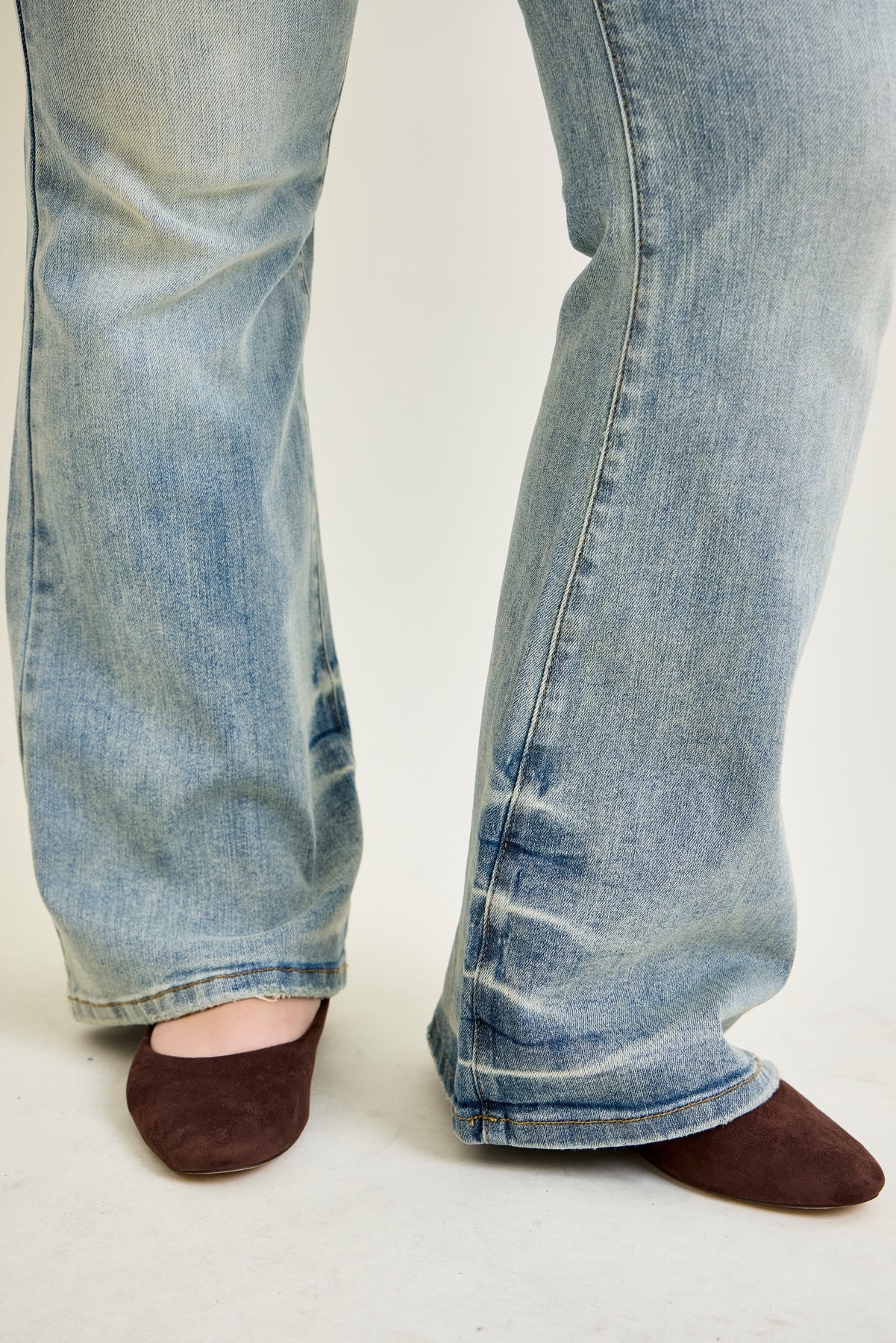 Megan Mid Rise Tinted Pin Tack Detail Flare Jeans - PLUS