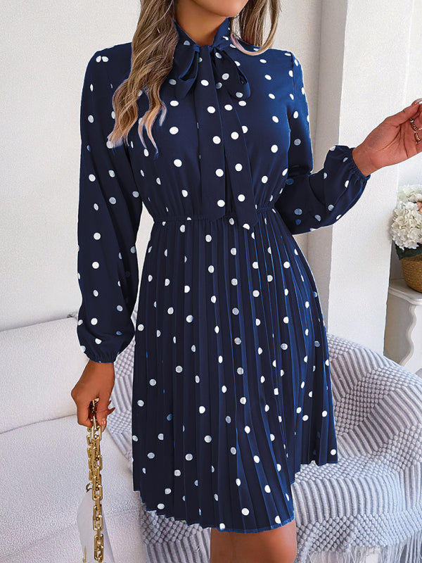 Elegant Polka-Dot Lace-Up Waist Long-Sleeved Pleated Skirt
