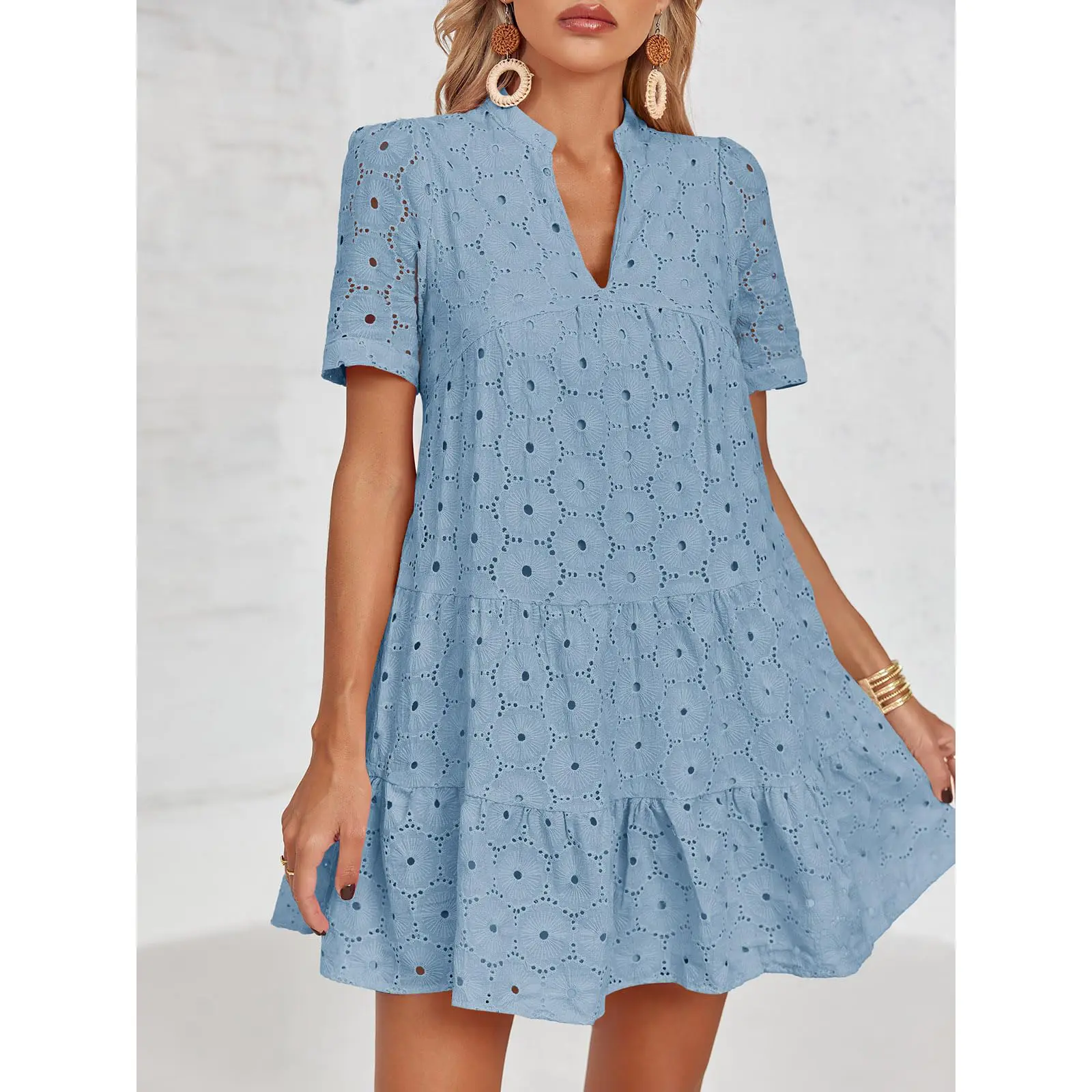 Women’s Summer Lace Dresses Eyelet Casual Flowy Babydoll Swing Short Sleeve V Neck Tunic Dress
