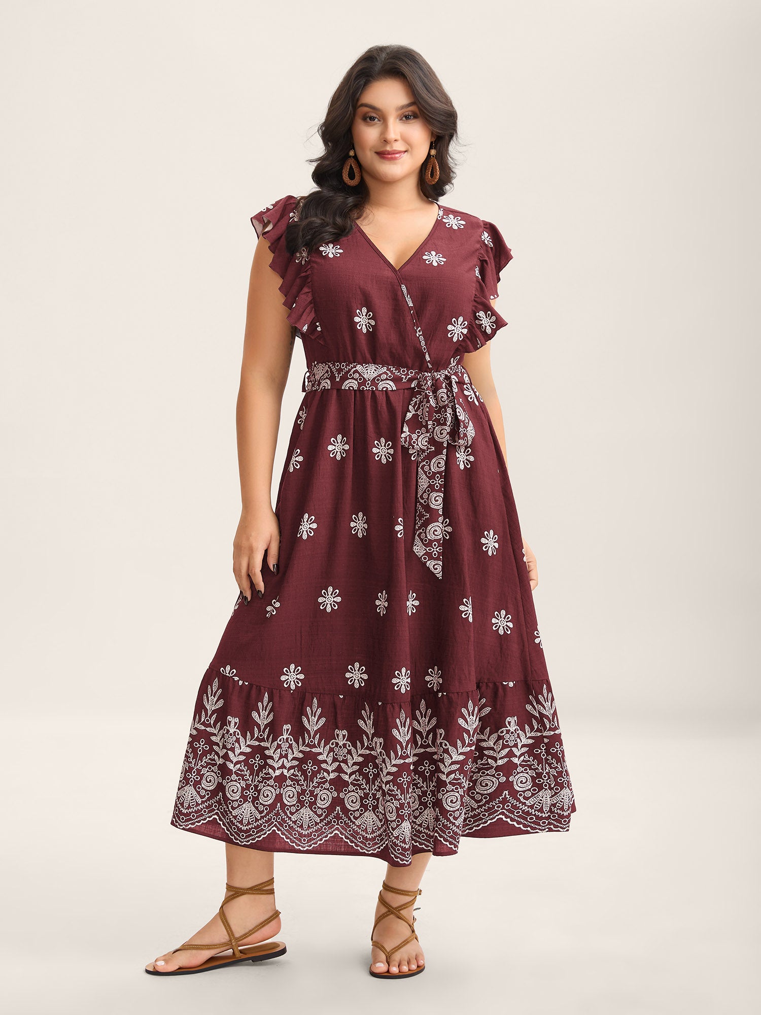 Rayon Stretchy Waist Pockets Flutter Maxi Dress