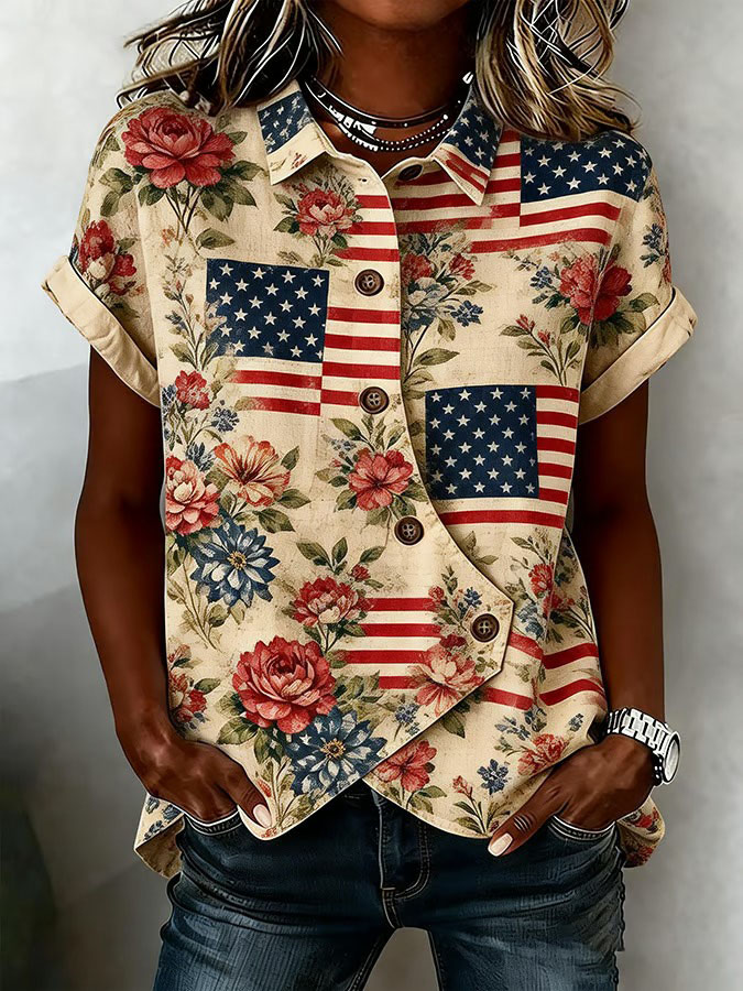 Women'S Cotton And Linen Button Design Casual American Independence Day 250Th Anniversary Short Sleeved Summer Top