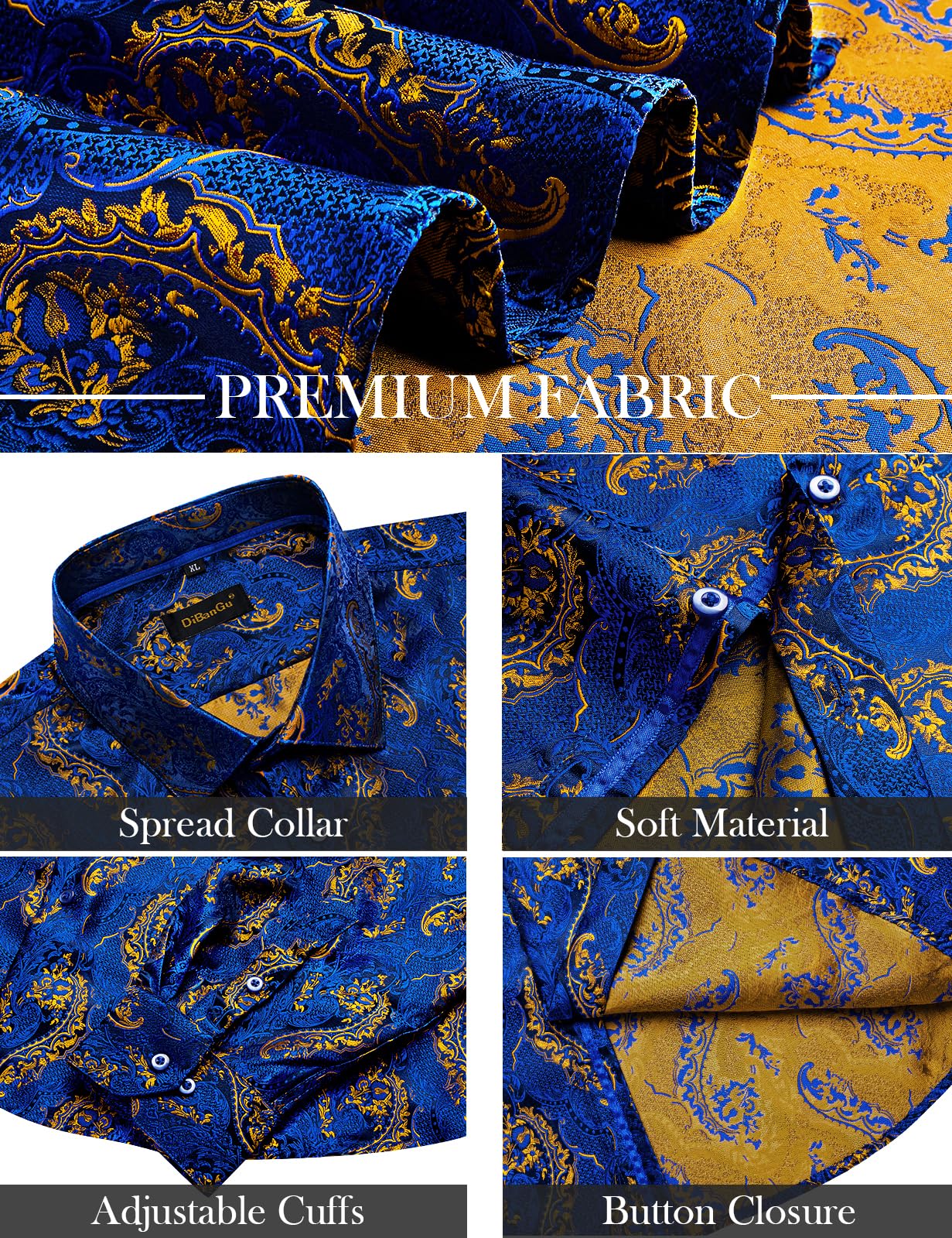 Men's Paisley Dress Shirt Long Sleeve Wrinkle Free Button Down Cowboy Shirts - Gold&blue&paisley