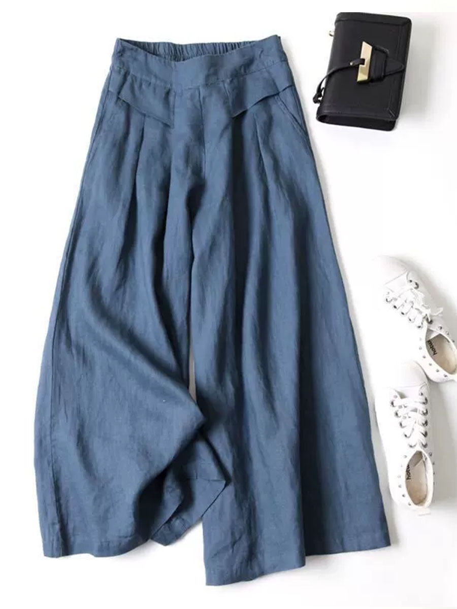 Women's Solid Color Semi-elastic High Waist Casual Pockets Cotton and Linen Wide Leg Pants