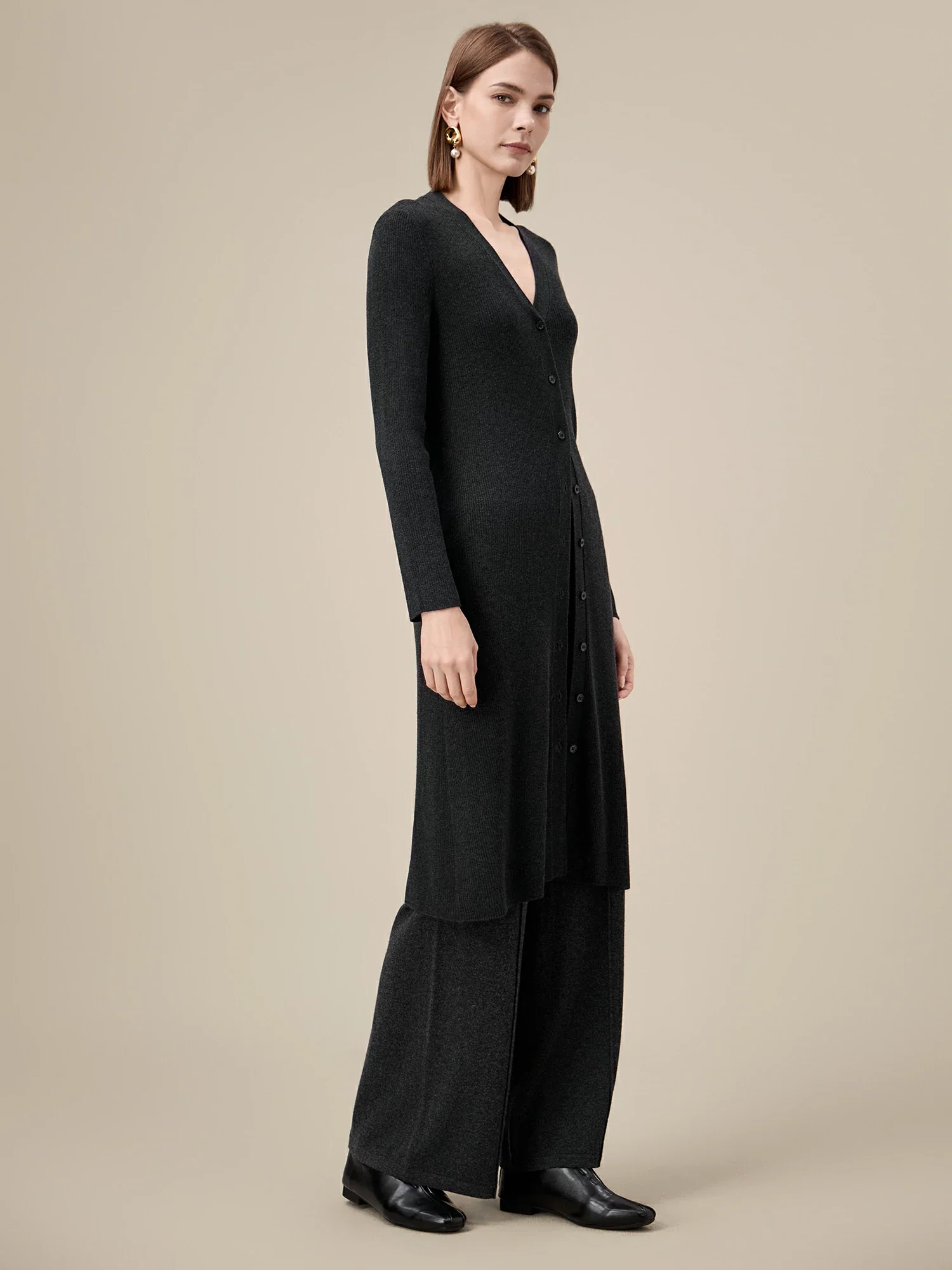 Silk & Wool Long Sleeve Button Down Knit Dress