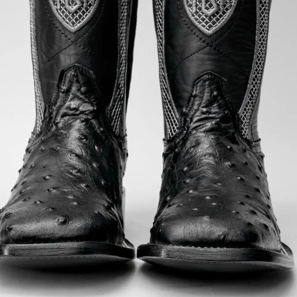 Black Ostrich Leather Boots - Square Toe