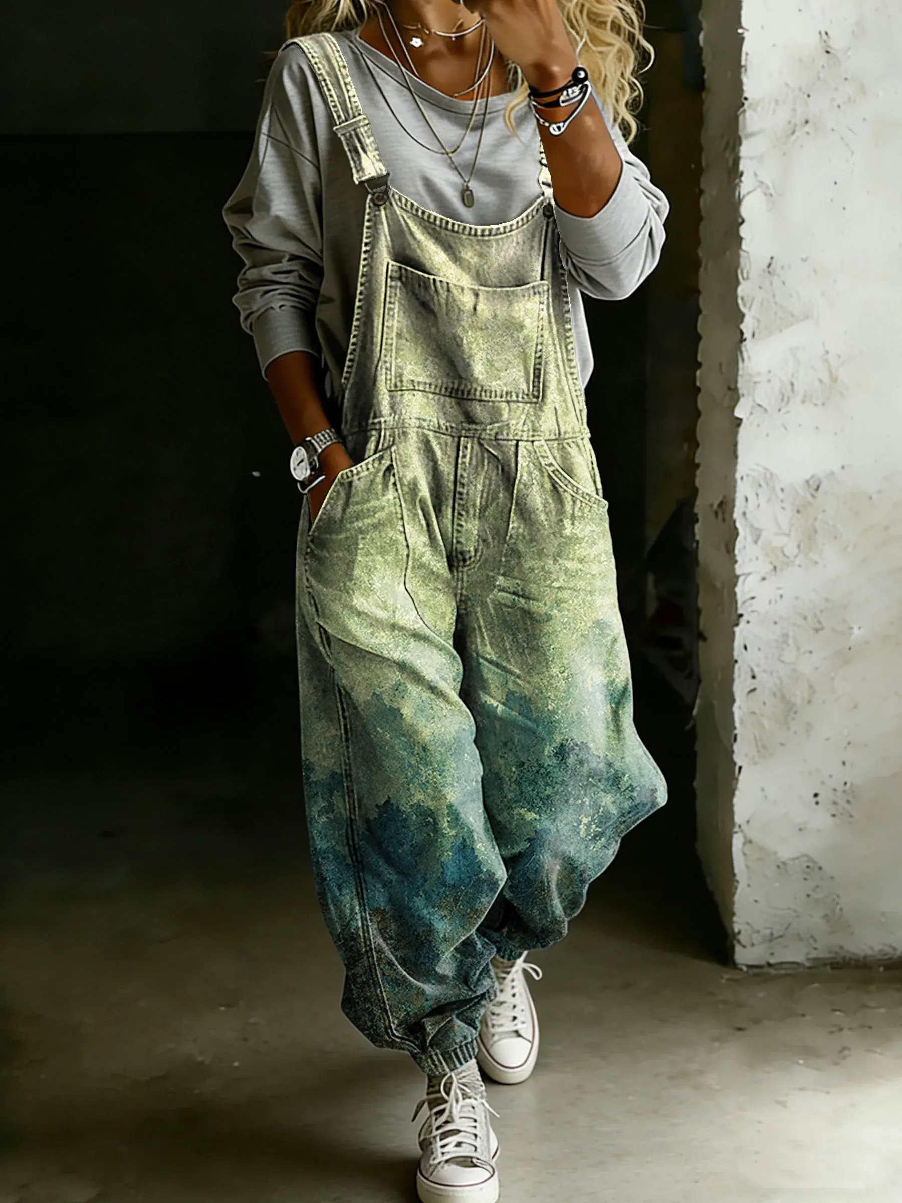 Women’s Vintage Gradient Art Print Casual One Piece Denim Jumpsuit