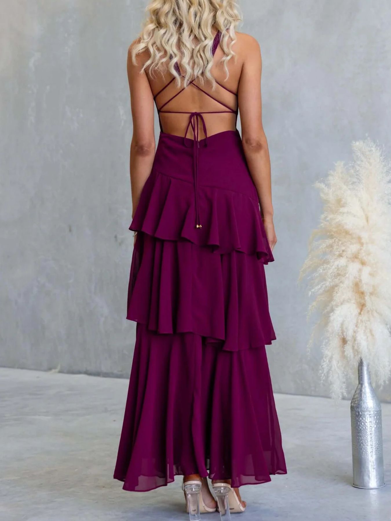 Sleeveless Ruffled Layered Backless Maxi Dress