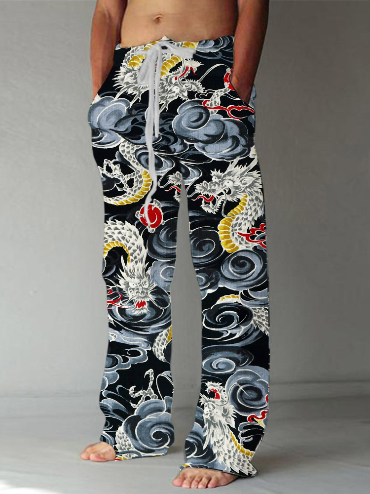 Japanese Dragon Print Linen Casual Pants