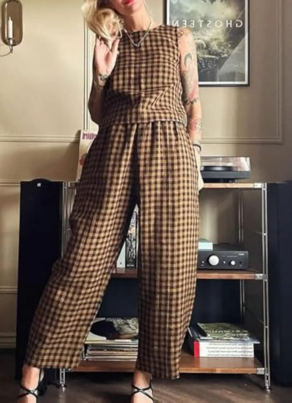 Women's Plaid Print Tank Top & Pants Two-piece Set