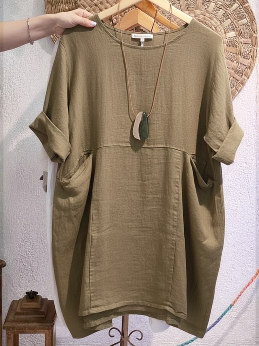 Women's Linen And Cotton Round-neck Dress