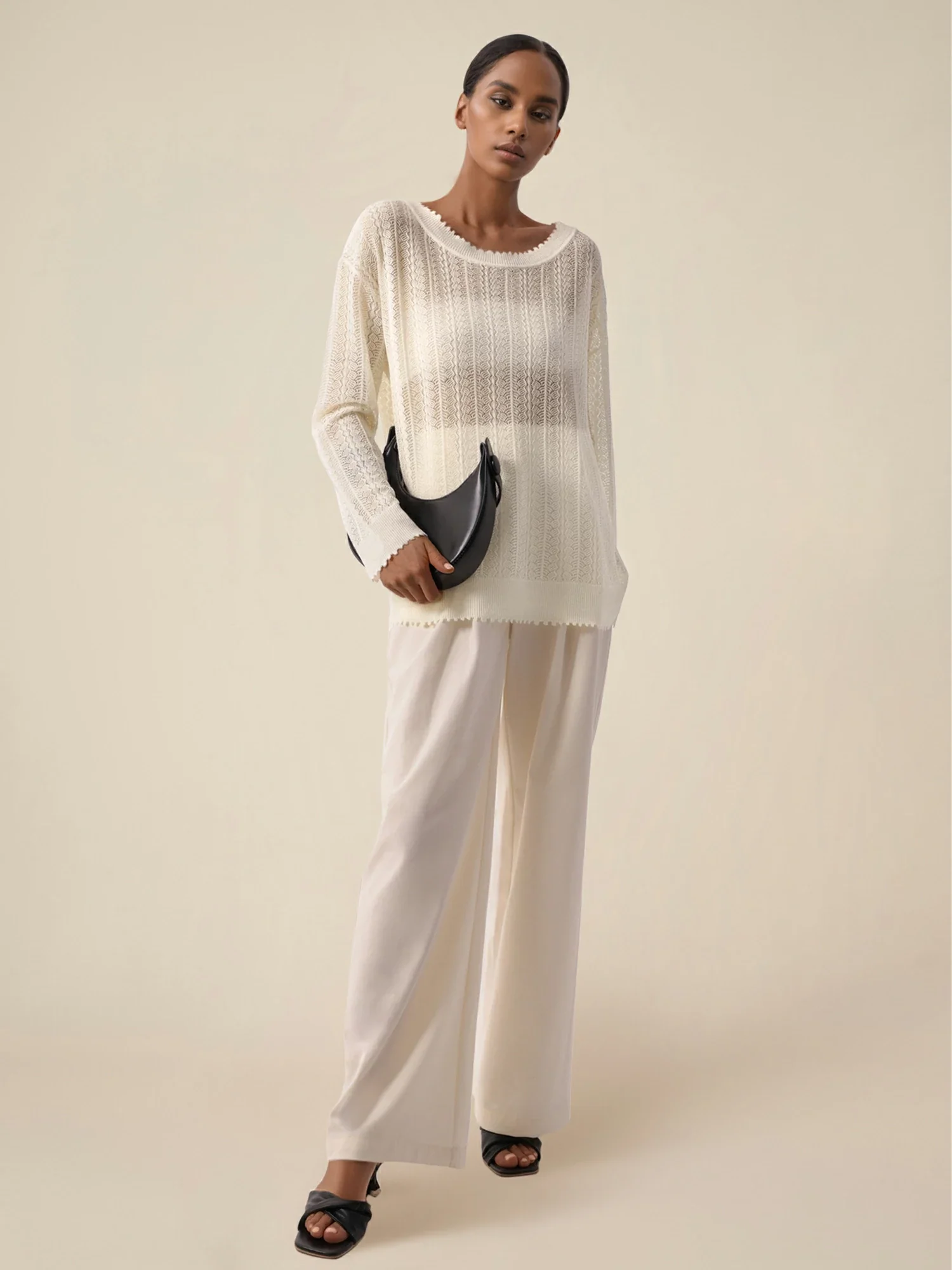 Linen & Lyocell Round Neck Hollow Top