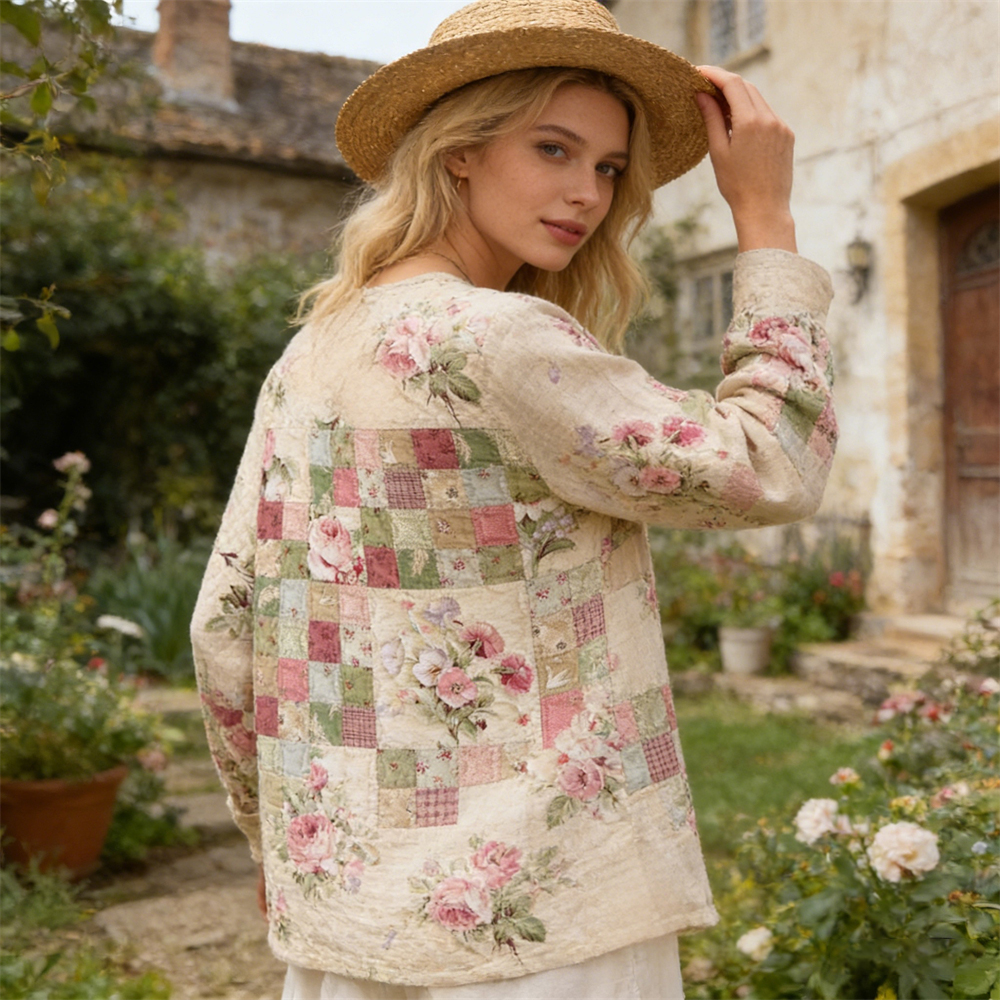 Boho Floral Vintage Pattern Women's Linen Long Sleeve Shirt