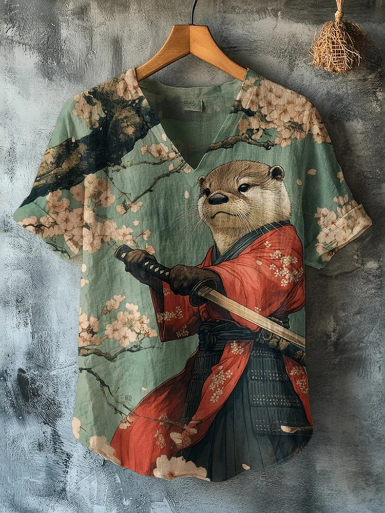 Men's Otter Warrior Training Art Print V-neck T-shirt