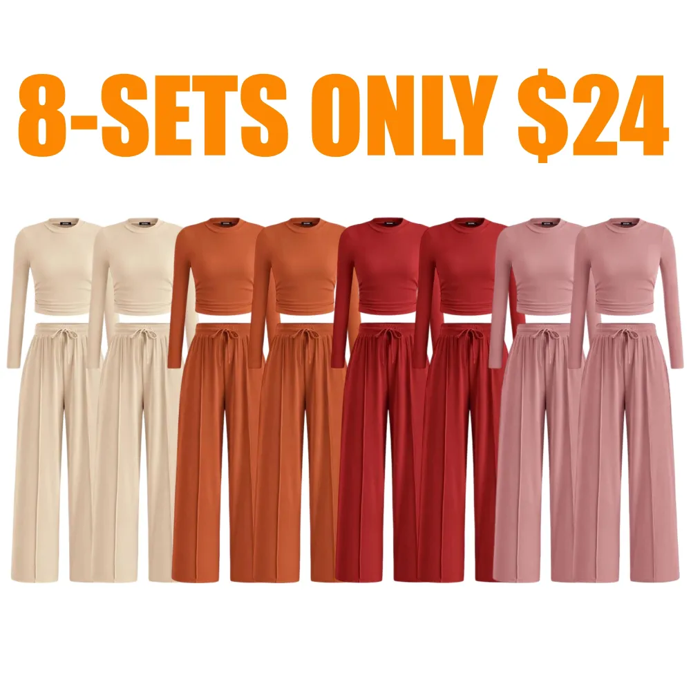 Ribbed Knit Long Sleeve Crop Top Wide Leg Pants