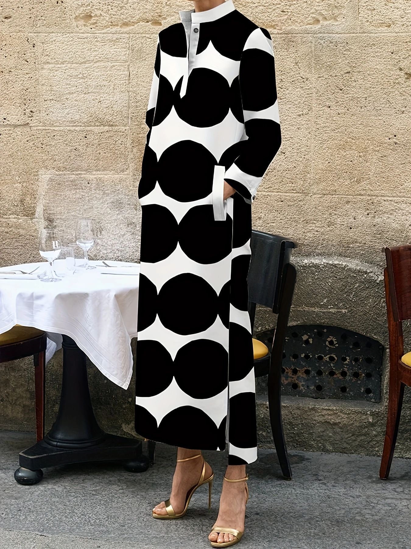Polka Dot Print Long Sleeve Midi Dress