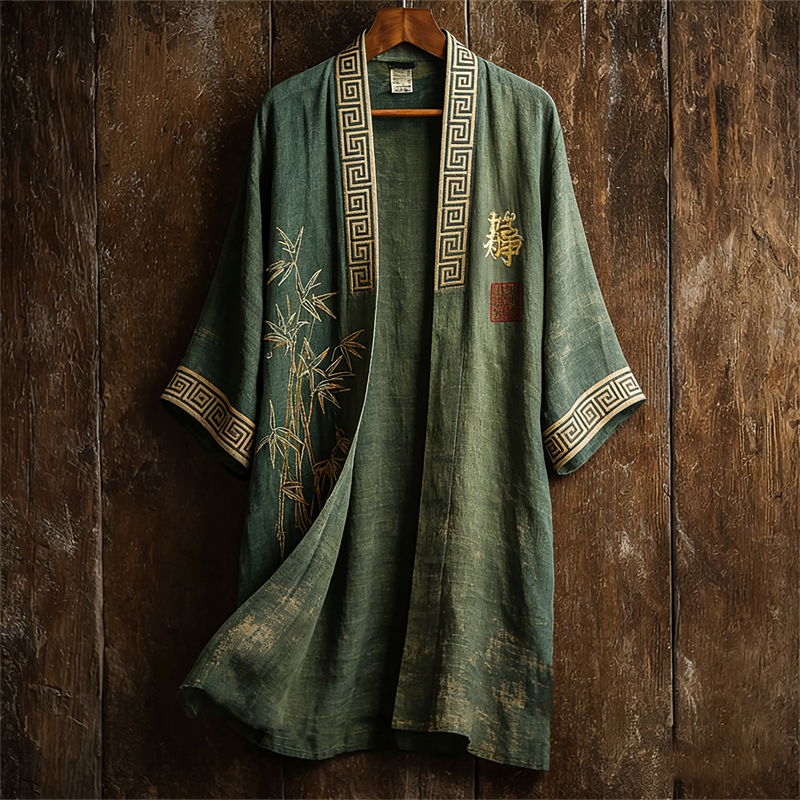 Japanese Bamboo Calligraphy Art Contrast Flowy Linen Long Kimono