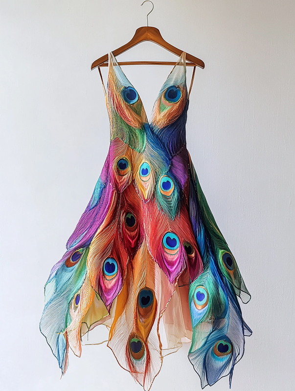 Summer Rainbow Peacock Feather Embroidered Dress 1e5c