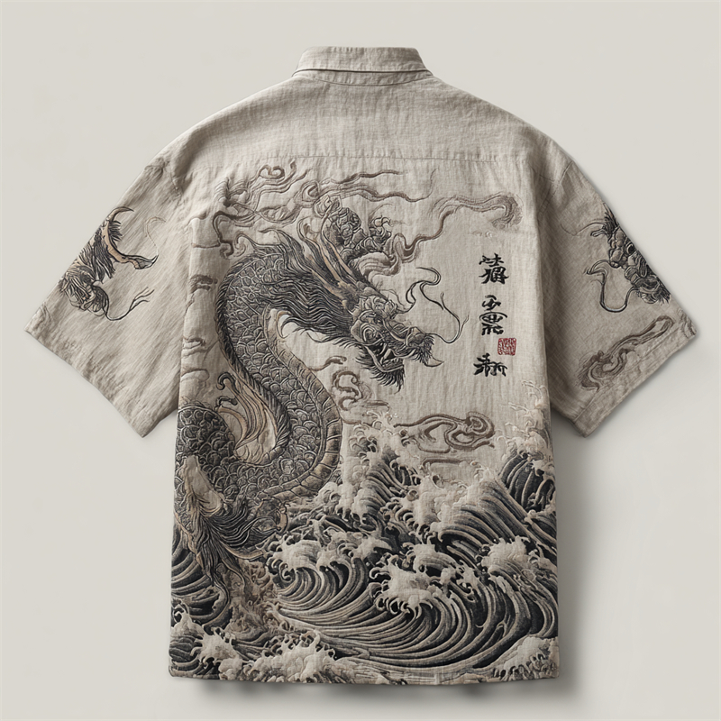 Japanese Dragon Sea Waves Ink Art Embroidered Linen Shirt