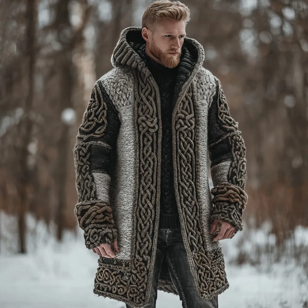 Men's Viking Celtic Knot  Chunky Knit Colorblock Cozy Hooded Cardigan