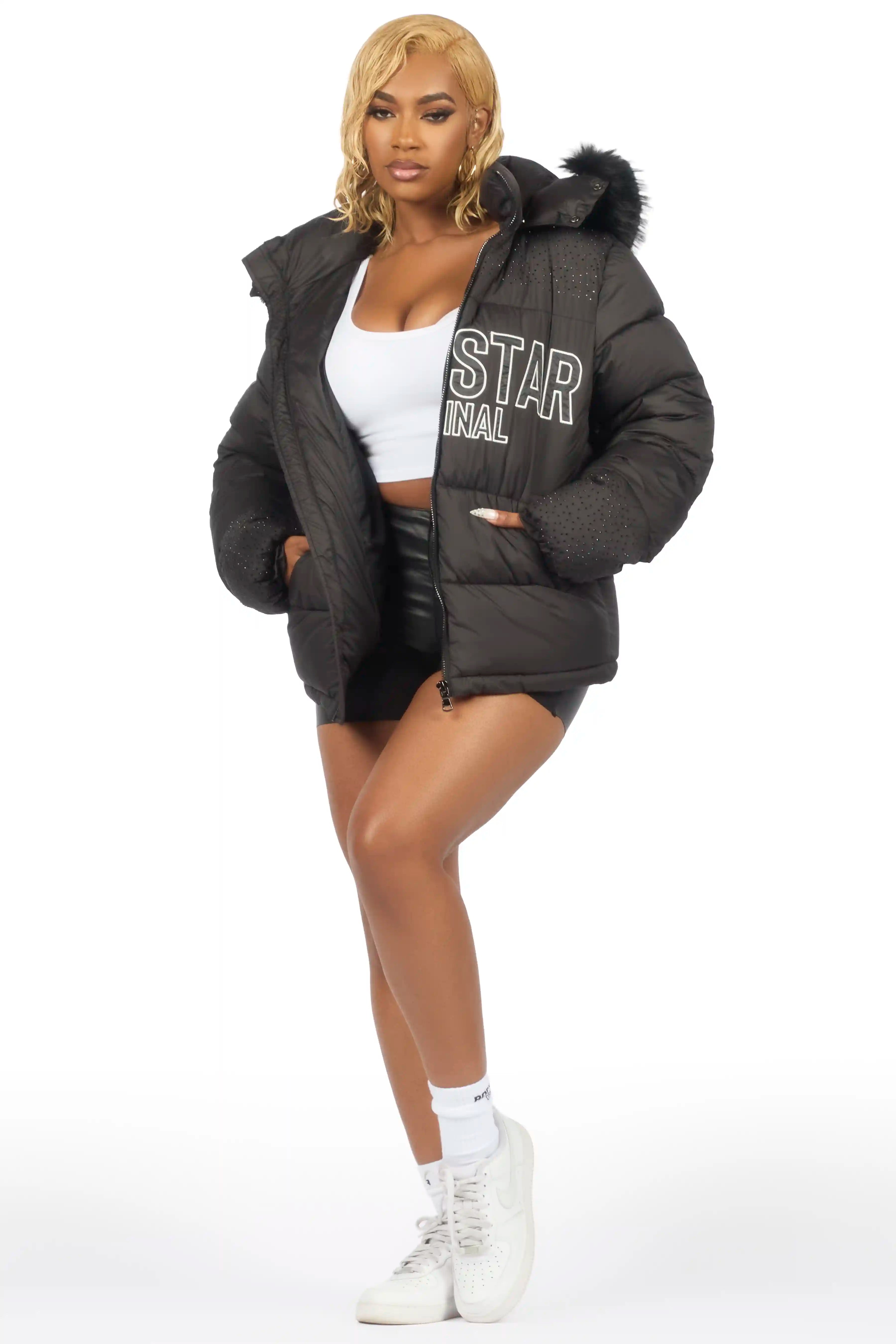 Natia Black Oversized Rhinestone Puffer Jacket