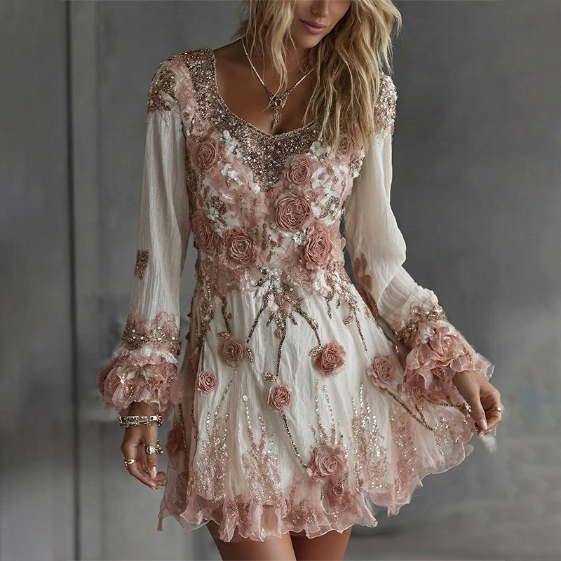 Women's Pink Flower Embroidered Art V-neck Long Sleeve Mini Dress