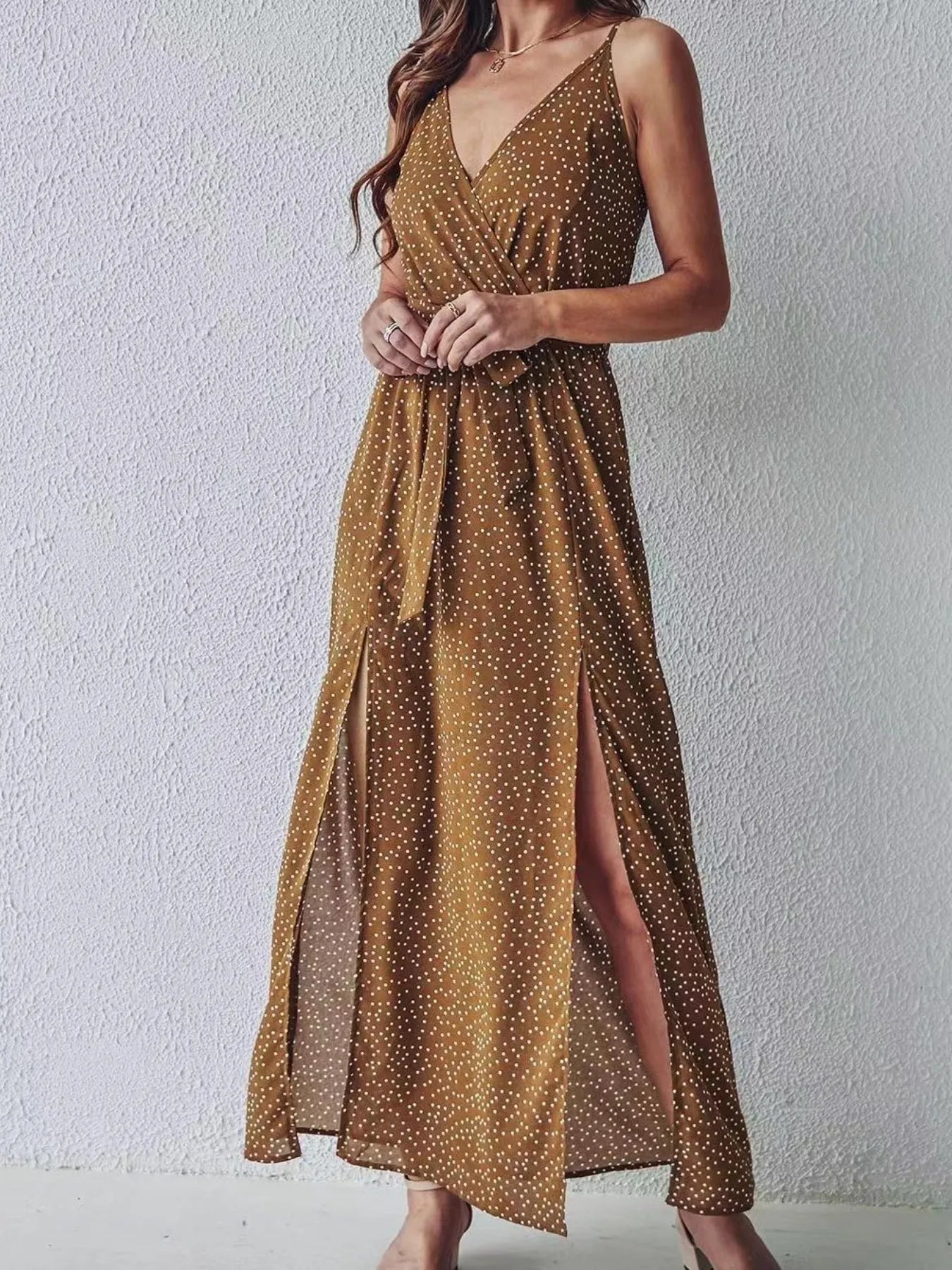 Slit Printed Surplice Midi Dress