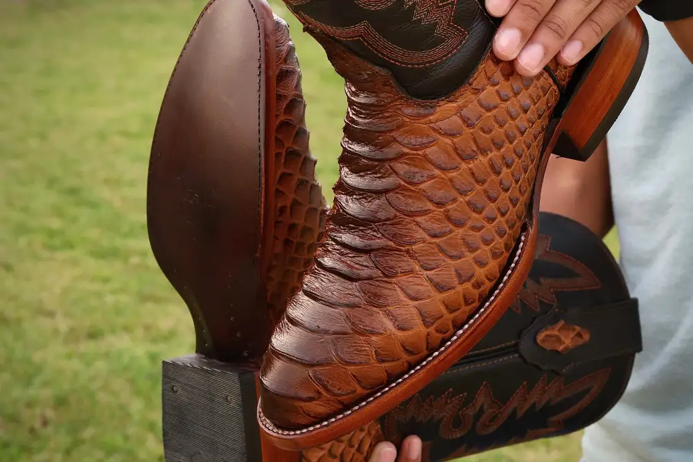 Cognac Jumbo Python Leather Boots — Round Toe