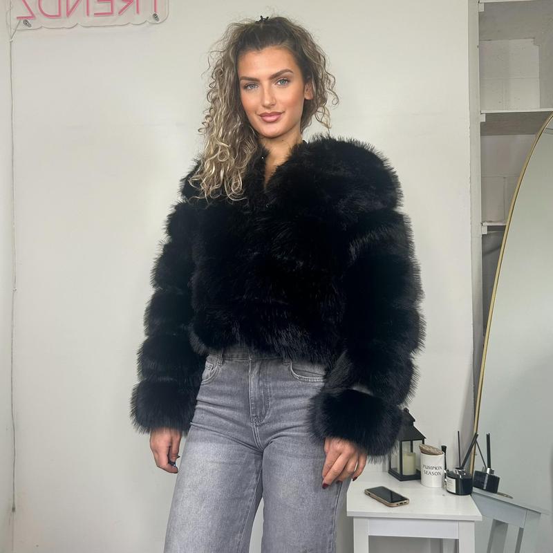 Faux Fur Cropped Collarless -Tiered Panel Winter Fluffy Soft Bubble Chunky Thick Coat Jacket Comfort Womenswear