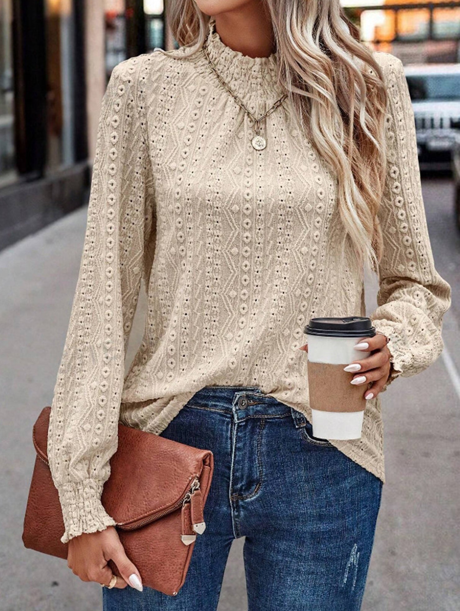 Jacquard Crew Neck Long Sleeve Tee_CWTTL01230