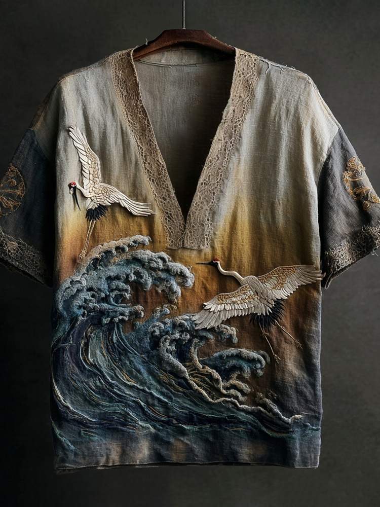 Japanese Embossed Crane Vintage Art Men's Linen V-neck Shirt