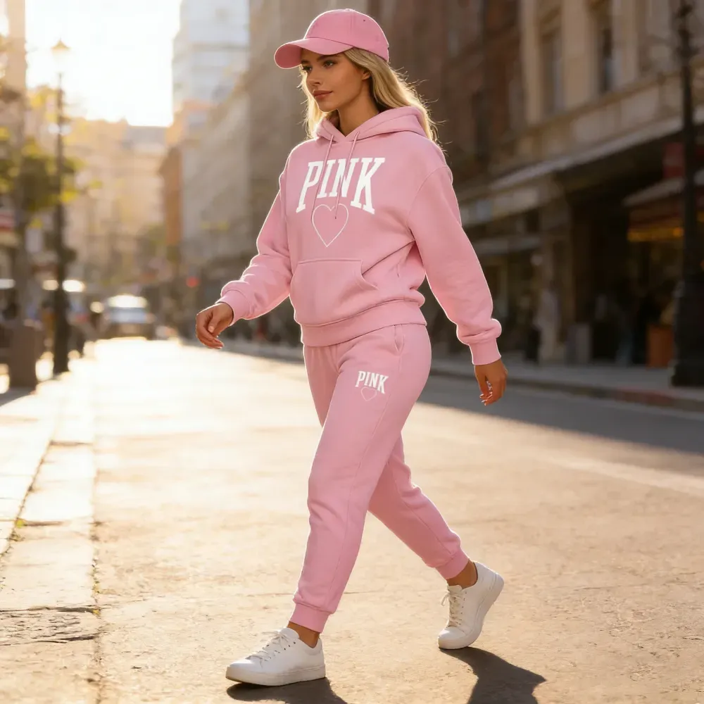 Women's Pink Heart Print Tracksuit