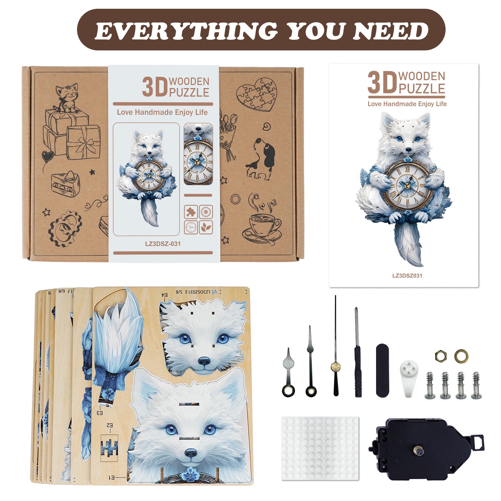 Arctic Foxâ€“ DIY Wooden Clock, 3D Puzzle Craft Kit