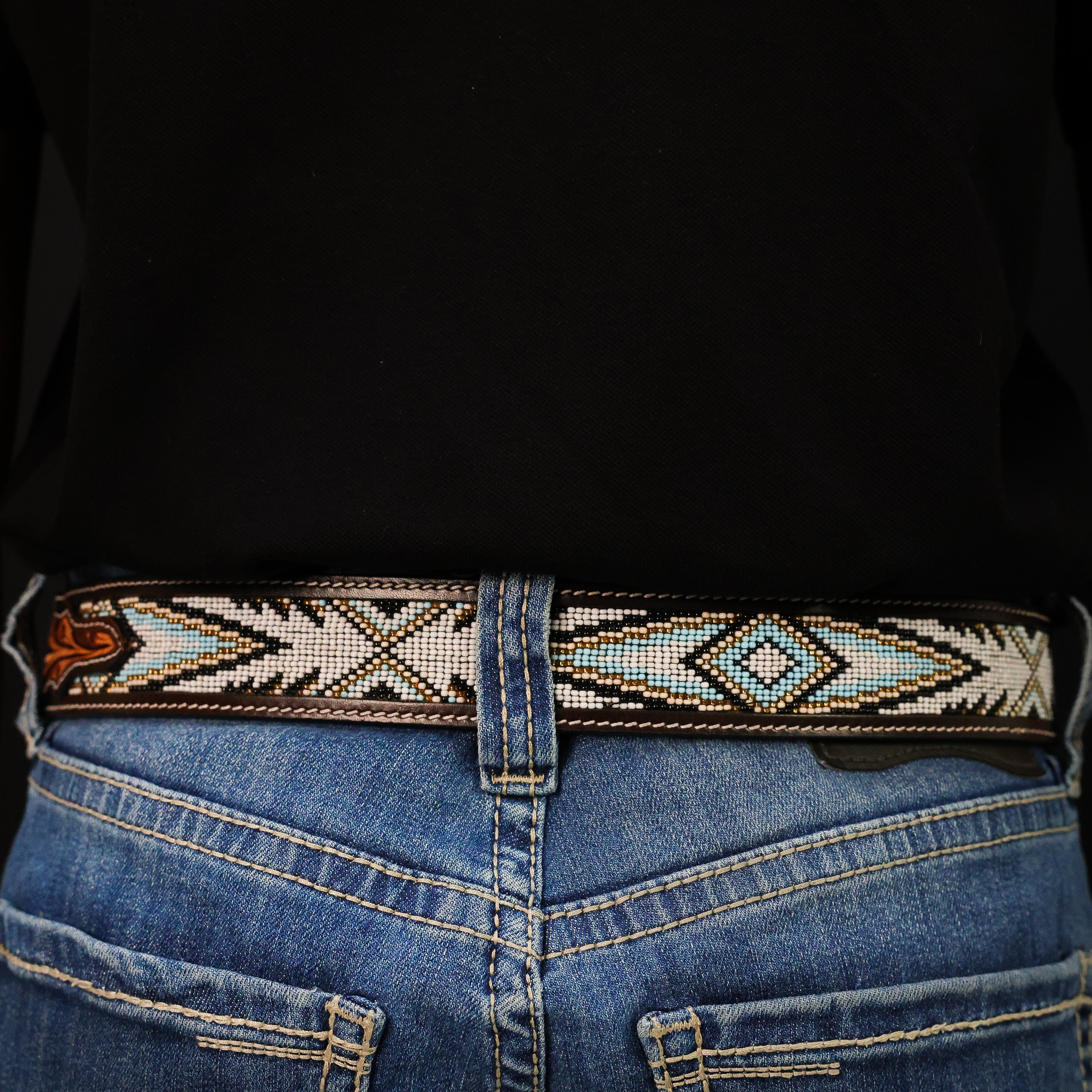 Hand-Tooled Artesanal Beaded Leather Belt