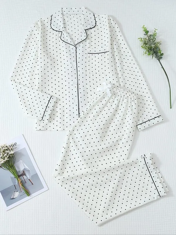 Women's Striped Bow Print Long Sleeve Pajama Set