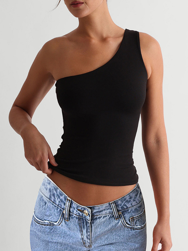 Solid Color Skinny Sleeveless One-Shoulder Vest Top