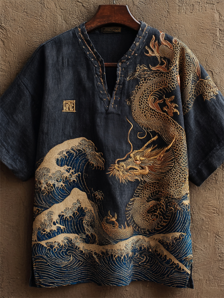 Japanese Flying Dragon Sea Waves Embroidered Linen Shirt