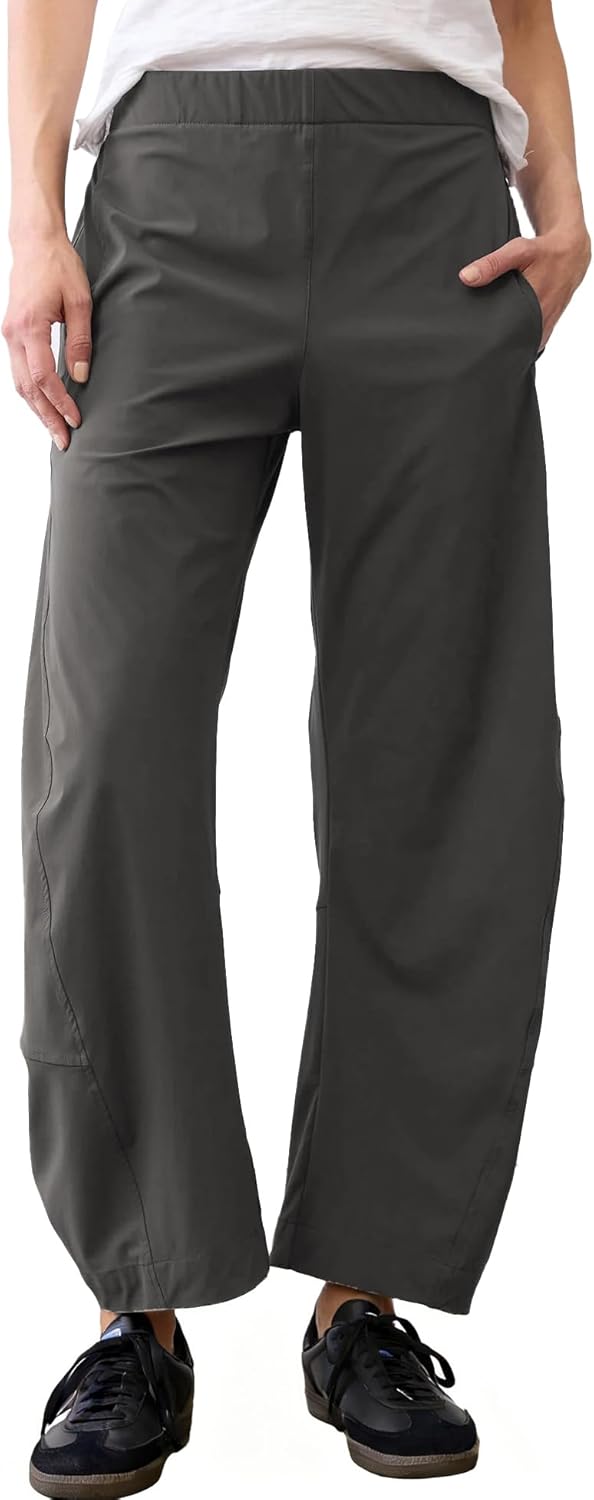 Women Barrel Travel Pants Elastic Waistband Tapered Leg Baggy Mid Rise Work Trousers Lounge Pant with Pockets
