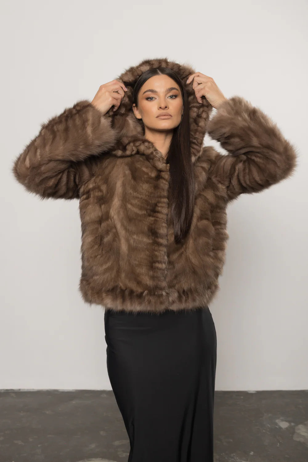 Haină din Blană Naturală de Zibelina, cu Glugă, Femei, Sable Brown 433