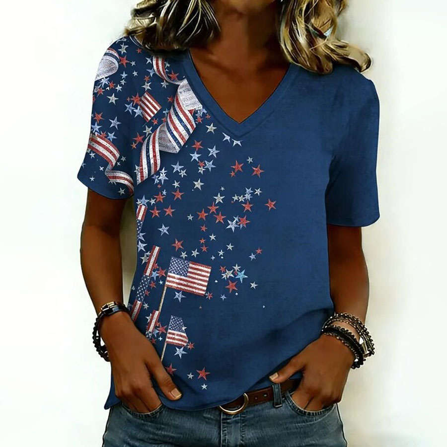 Women's USA Flag Star Patriotic V-Neck T-Shirt