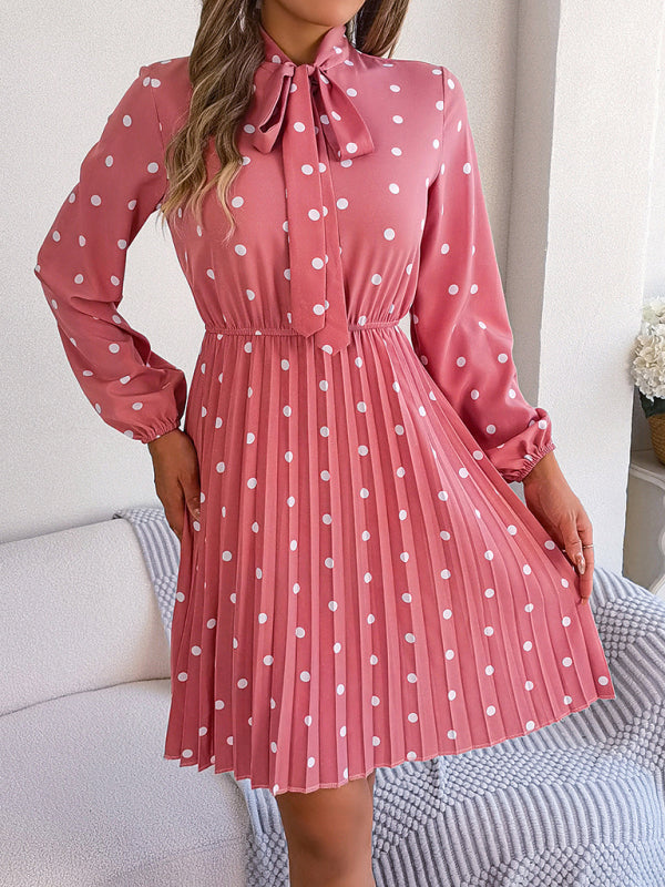Elegant Polka-Dot Lace-Up Waist Long-Sleeved Pleated Skirt