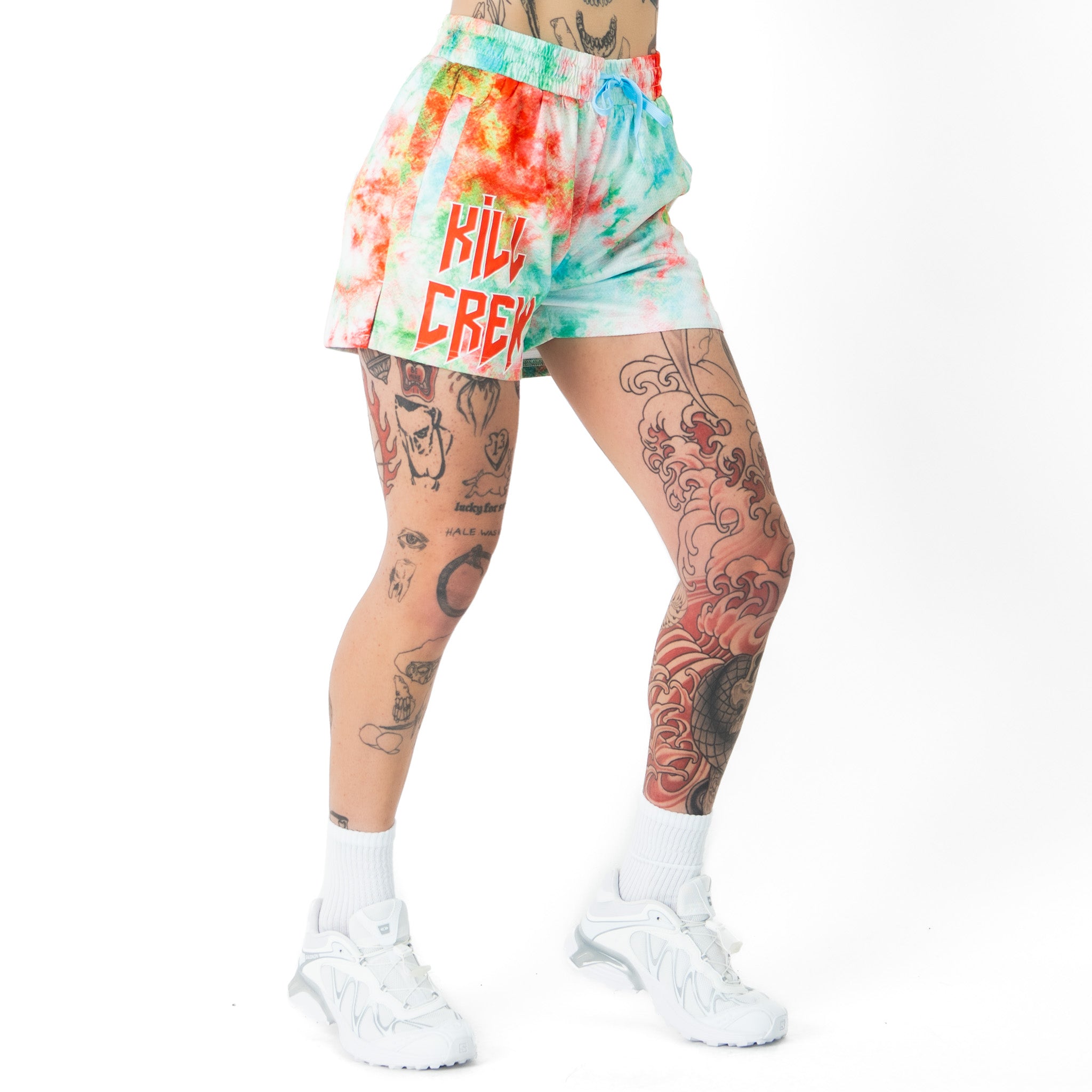 MUAY THAI SHORTS (MID THIGH CUT) TIE DYE - RED / GREEN